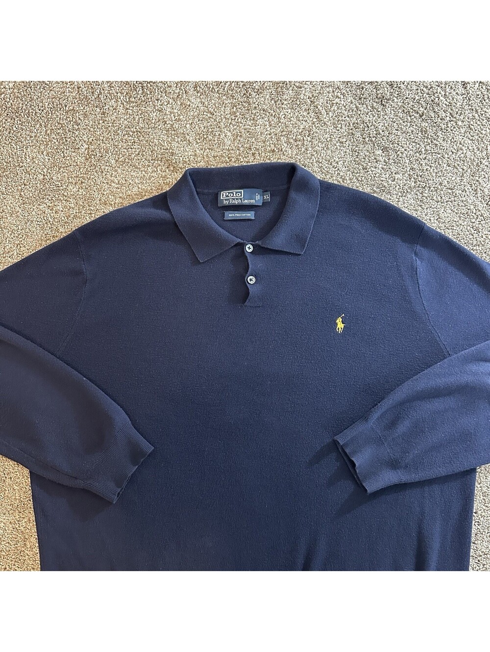 Polo Ralph Lauren Long Sleeve Polo Shirt  XL Blue Pima Cotton Yellow Pony Logo